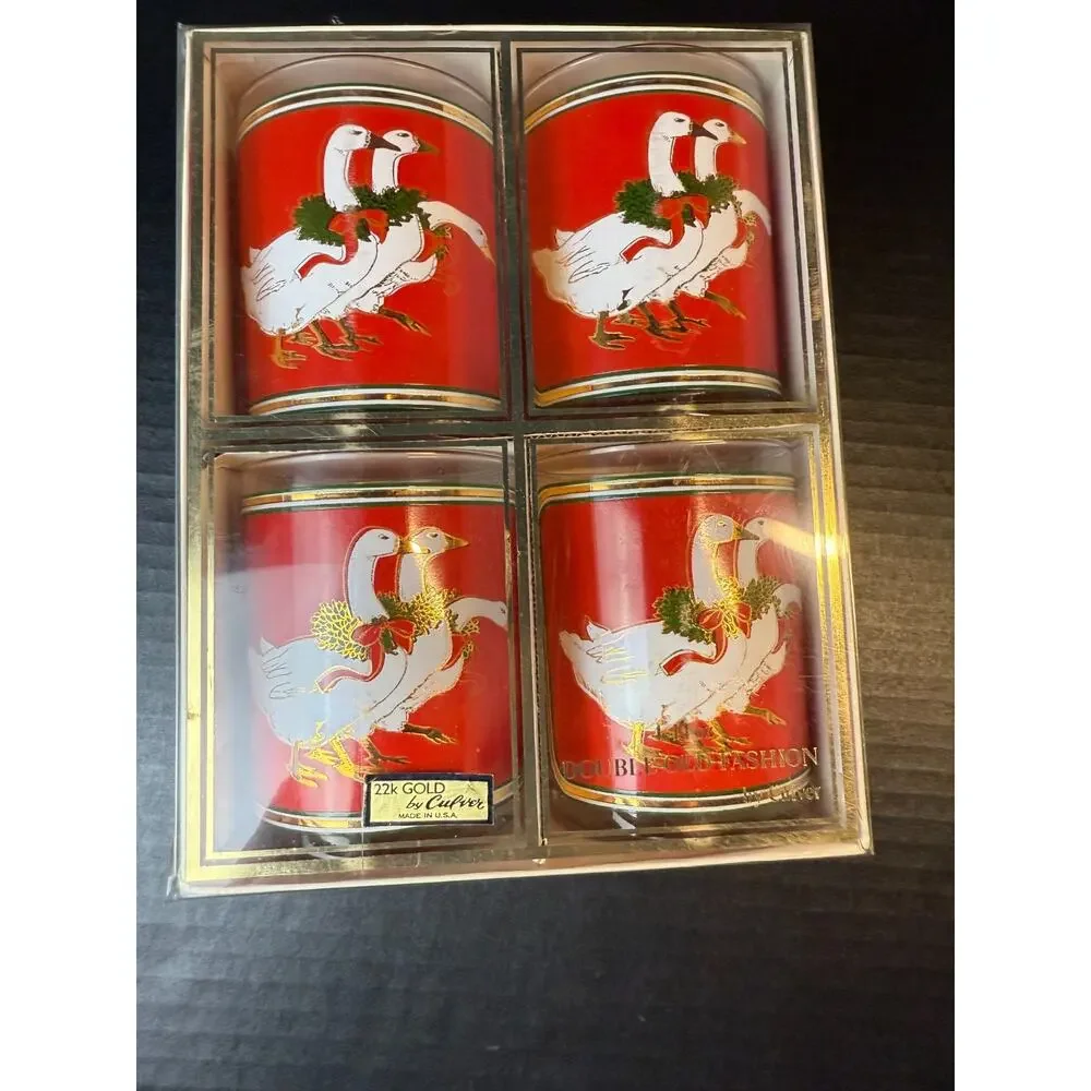 Culver Holly Goose Glasses Holiday Old Fashion Christmas Eggnog (4/14oz) w/Box